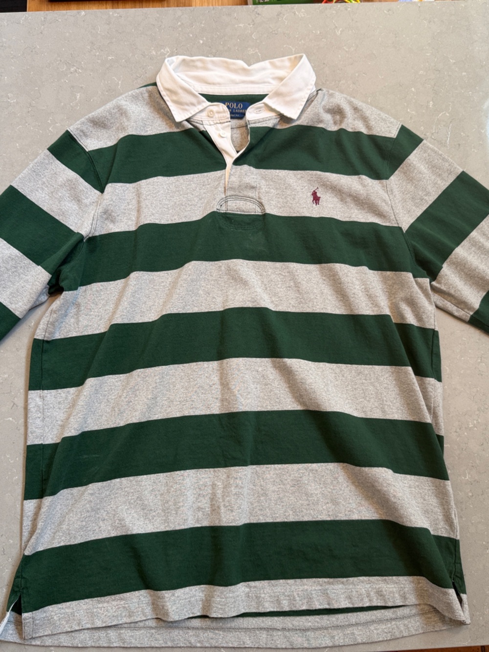 Ralph Lauren Green and Light Gray Striped Long-Sleeve Rugby Polo